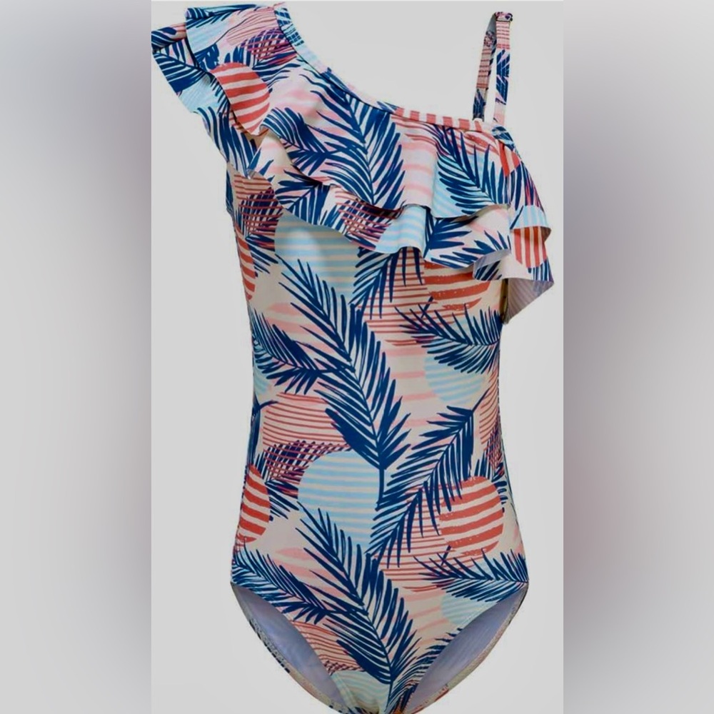 Girls One Piece Swimsuits One Shoulder Ruffle Swimwear Floral Bathing Suit